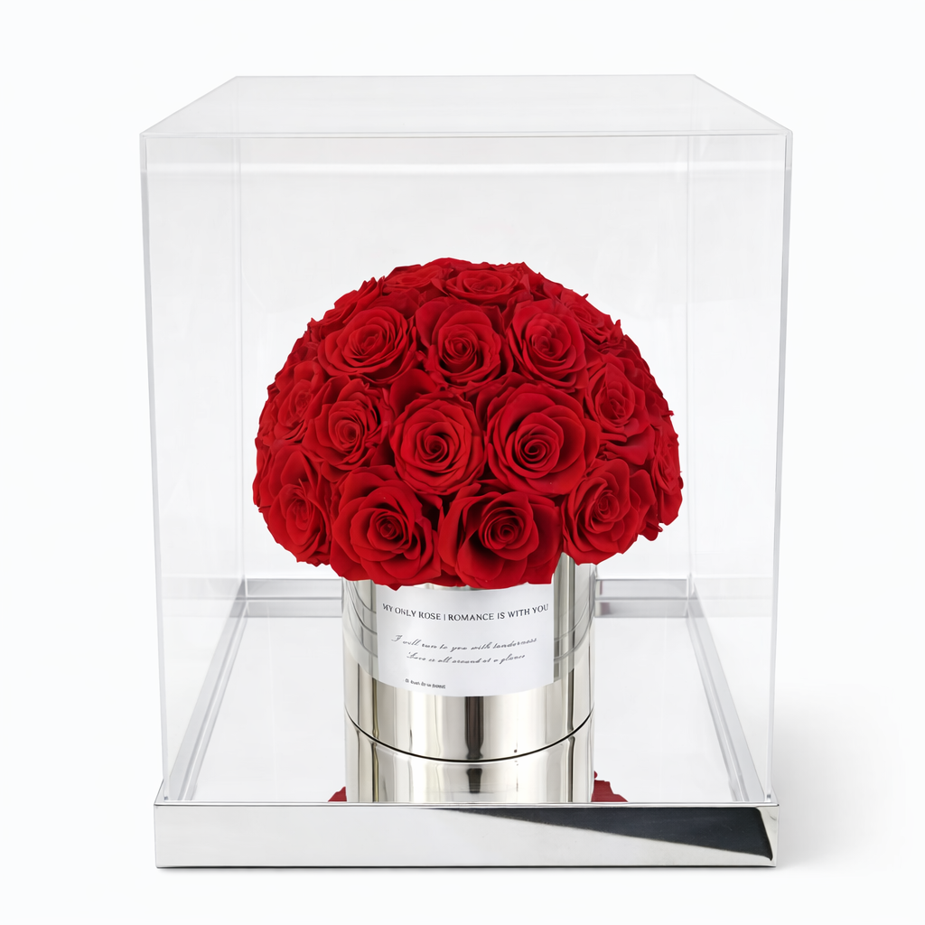 Eternal Red Roses in Chrome Display Box – ±30 Preserved Roses